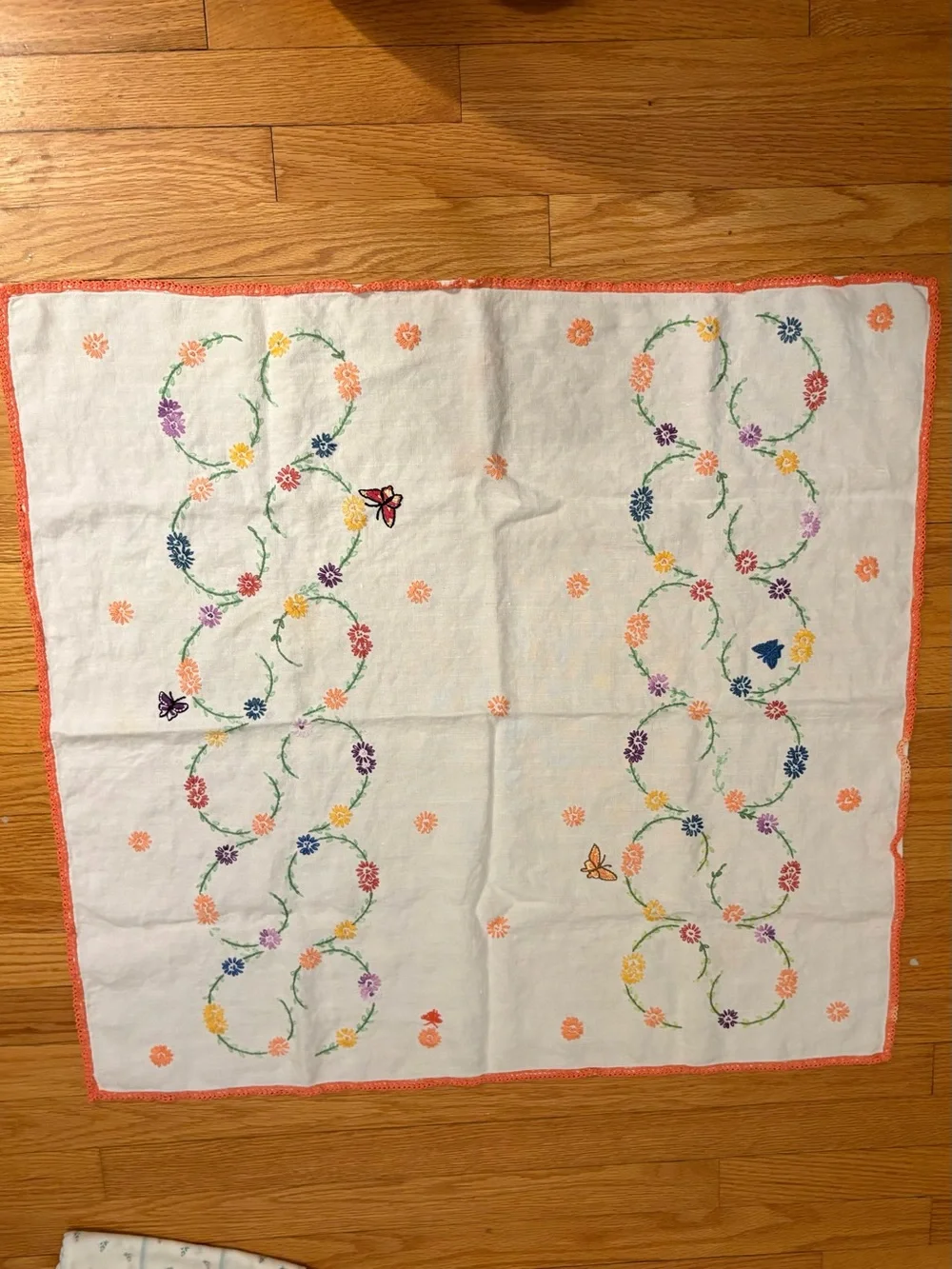 Hand-Embroidered White Linen tablecloth with Colorful Floral Swirls Butterfly